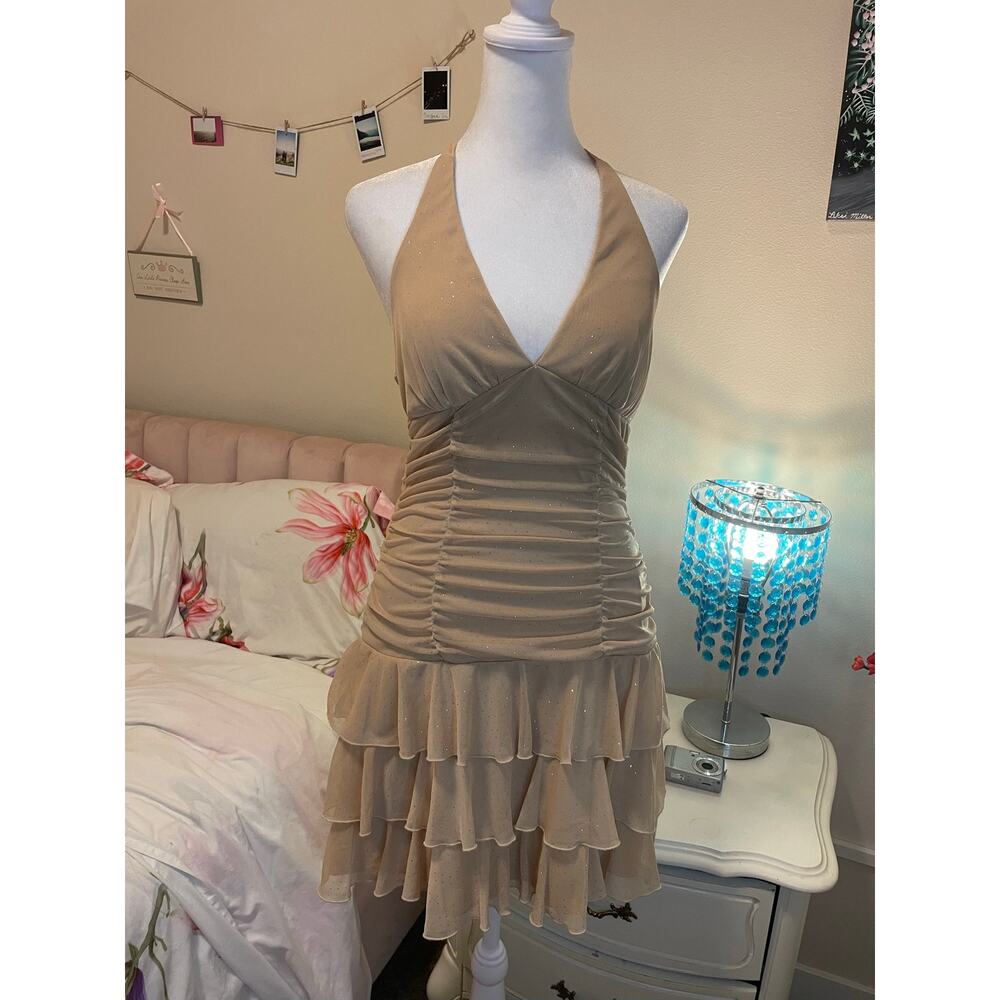 (Sold)gold  and glitter y2k ruffle low waist halter to style dress